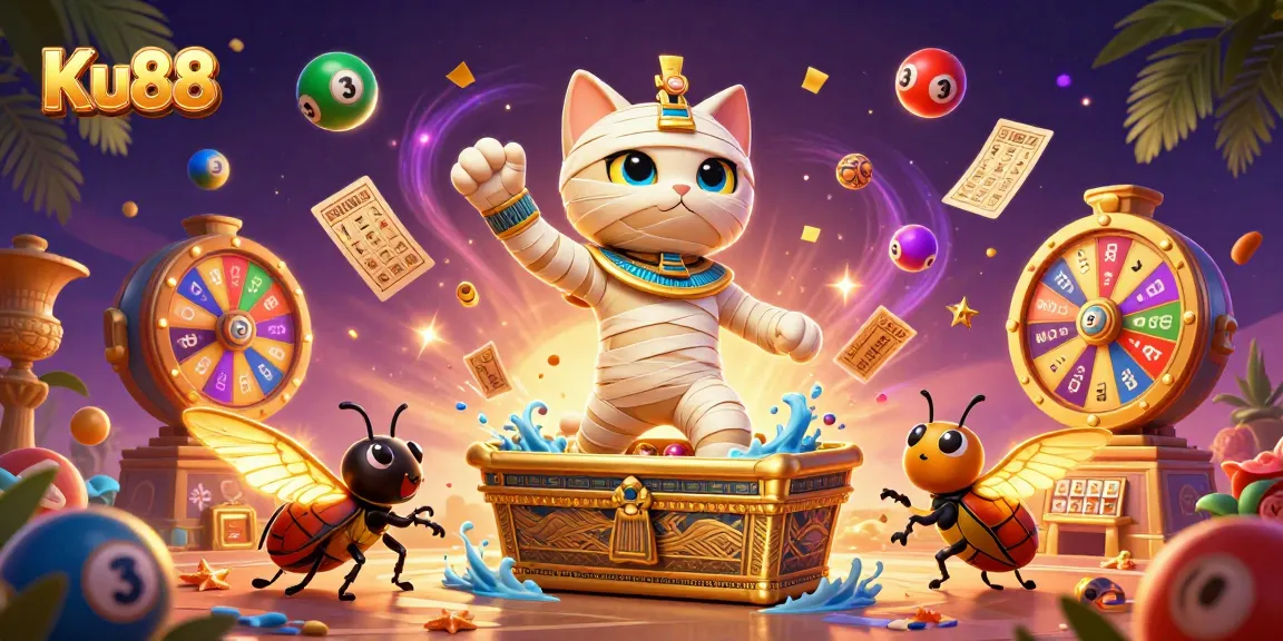 Win big with Ku88 at a vibrant pyramid casino, featuring an Egyptian cat and playful lottery elements.