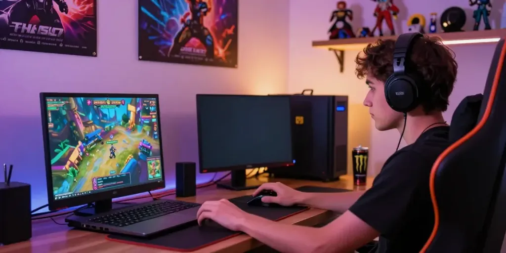 Engaged gamer playing PG SLOT games in a cozy home setup with vibrant graphics