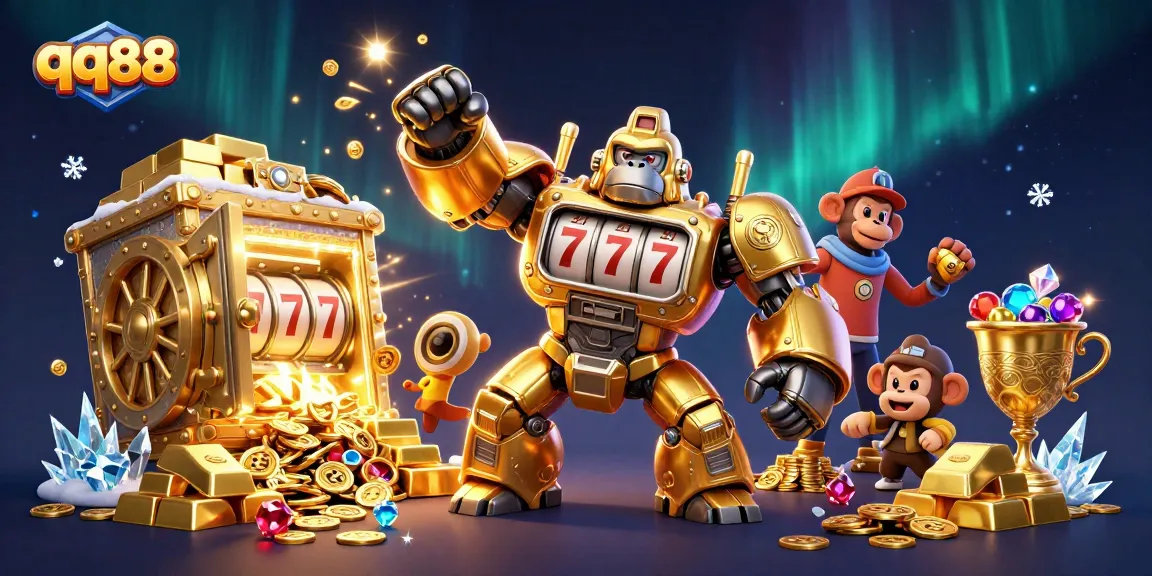 Experience thrilling wins at qq88 with a dynamic battle of a golden gorilla mech amidst a treasure-filled casino scene.