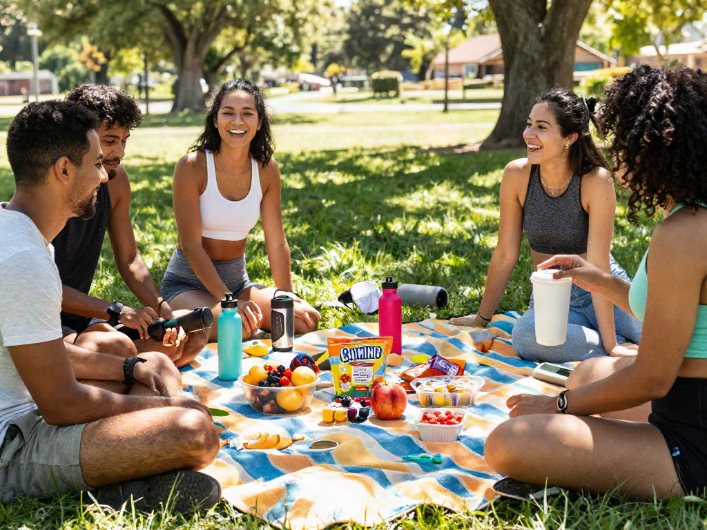 Enjoying Camino energy gummies during a vibrant park picnic for health enthusiasts.