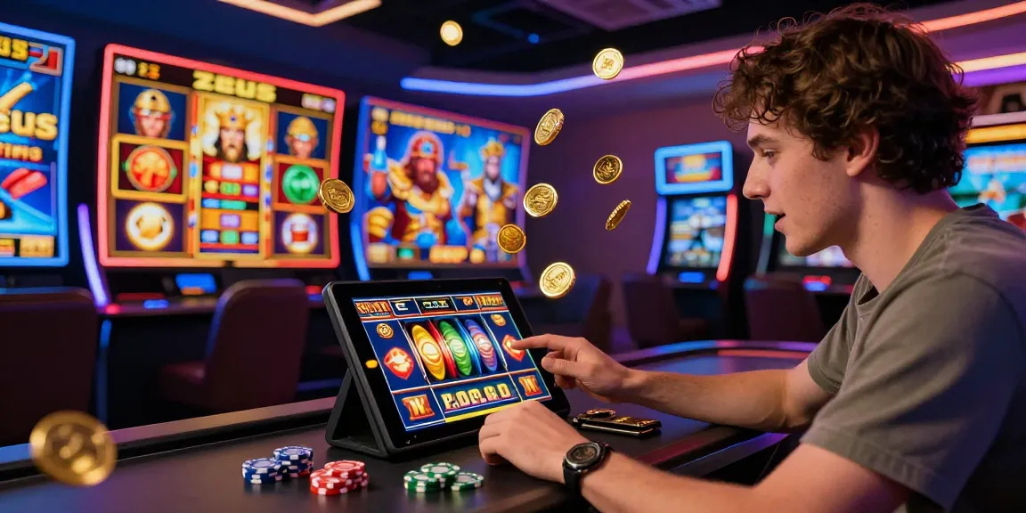 Player enjoying the slot zeus game on a tablet in a vibrant online casino setting with glowing graphics.