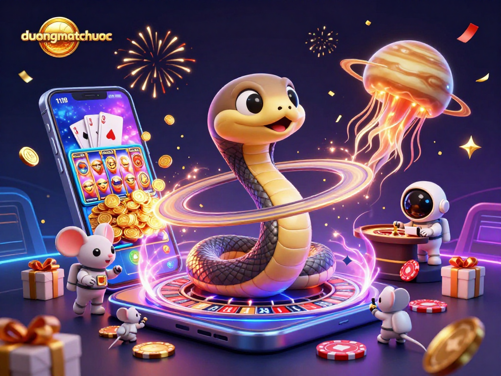 Place bets in duongmatchuoc's cosmic gambling scene with a roulette-wielding snake and vibrant game elements.