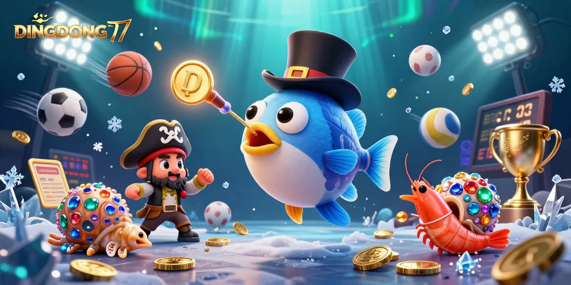 DINGDONG77 showcases an exciting underwater casino scene with dynamic sports elements and colorful treasure characters.