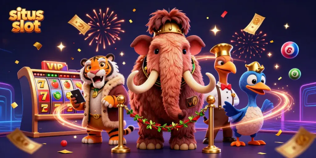 Menyemarakkan permainan situs slot dengan bouncer mamut, tamu VIP harimau, dan penjaga dodo dalam ilustrasi kasino