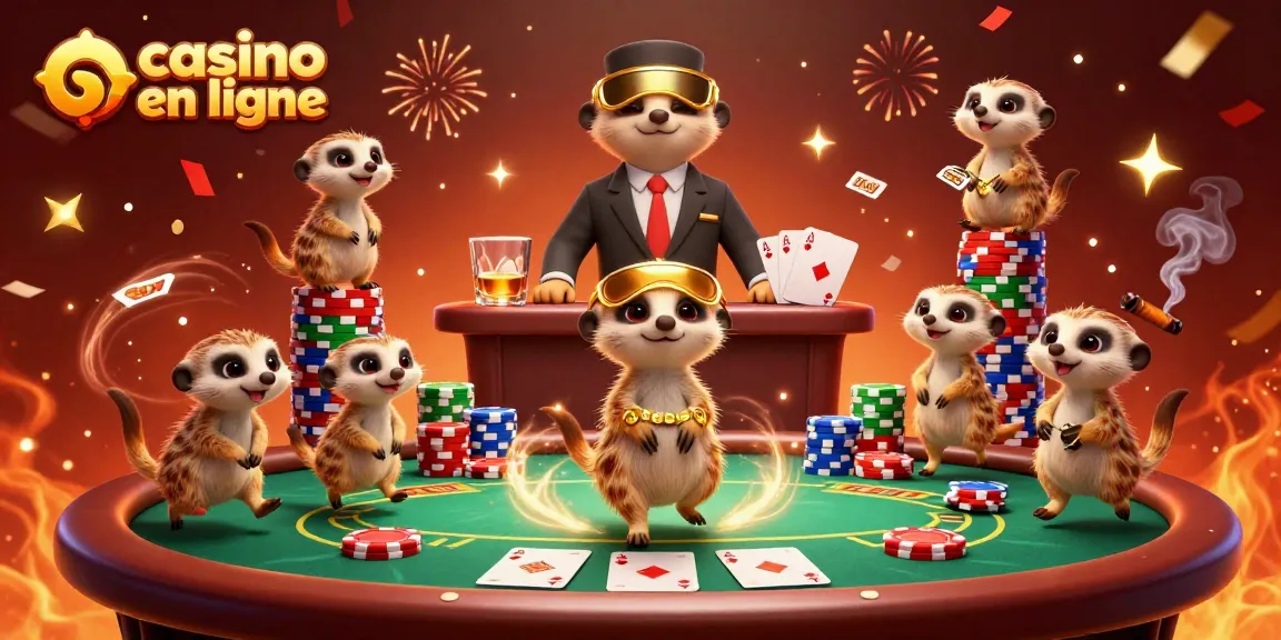Les suricates gèrent un casino en ligne, distribuant des cartes et avec des jetons brillants.