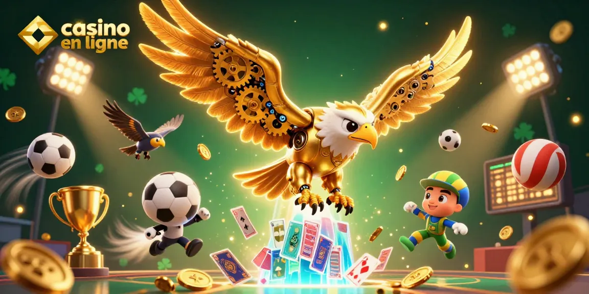 Casino en ligne avec une illustration d'un aigle cybernétique et des cartes holographiques