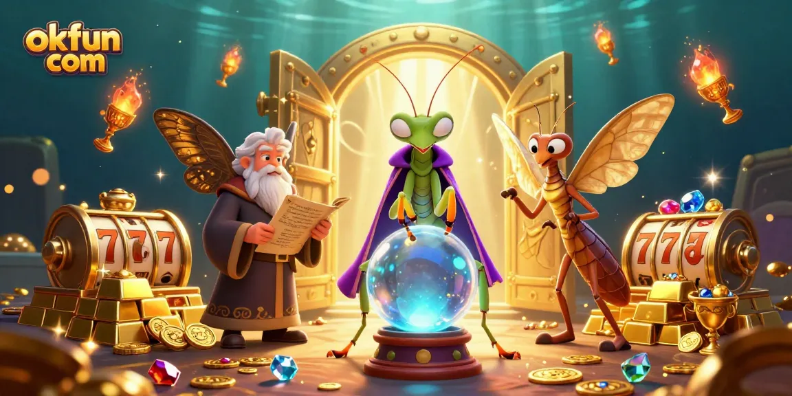 Experience exciting games at okfun com with vibrant 3D illustration of fortune teller, librarian, and slot elements.