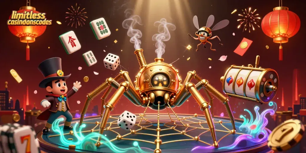 Engage with limitlesscasinobonuscodes in this vibrant, steampunk casino illustration showcasing lively gaming elements.
