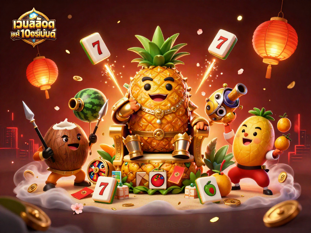 Experience the thrilling excitement of เว็บสล็อต แท้ 100 เปอร์เซ็นต์ with this vibrant scene featuring a majestic pineapple king and festive elements.