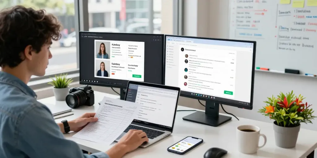Individual using the qc kakobuy finder in a modern e-commerce workspace while reviewing QC photos and analytics.