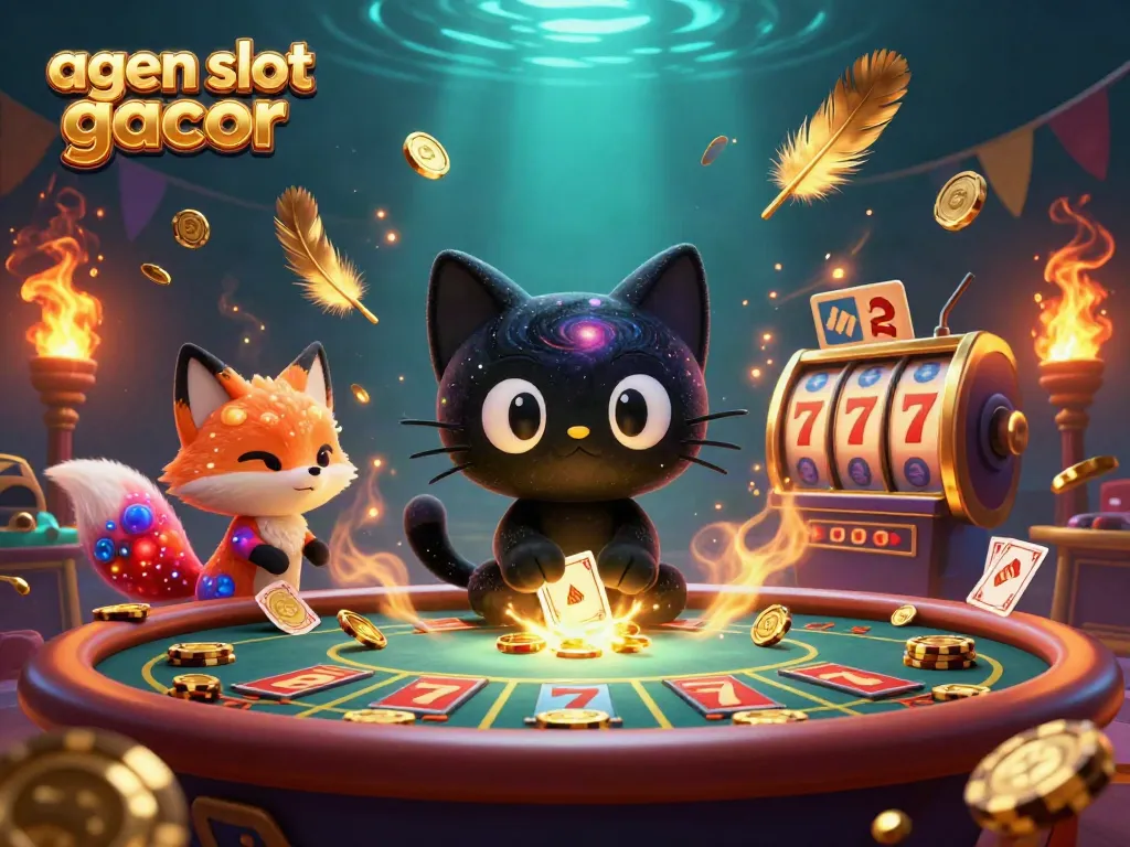 Experience the excitement of agen slot gacor with a cosmic casino scene featuring a black hole cat and a nebula fox.