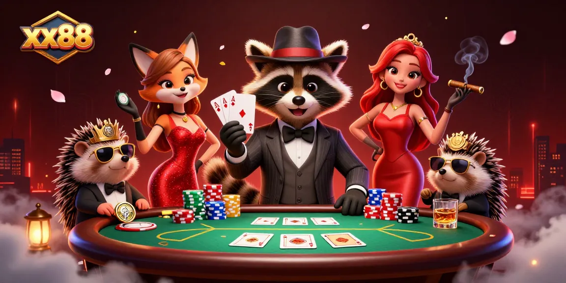 xx88 poker scene with a suave raccoon, charming fox, and hedgehog bouncer surrounded by poker chips and cards