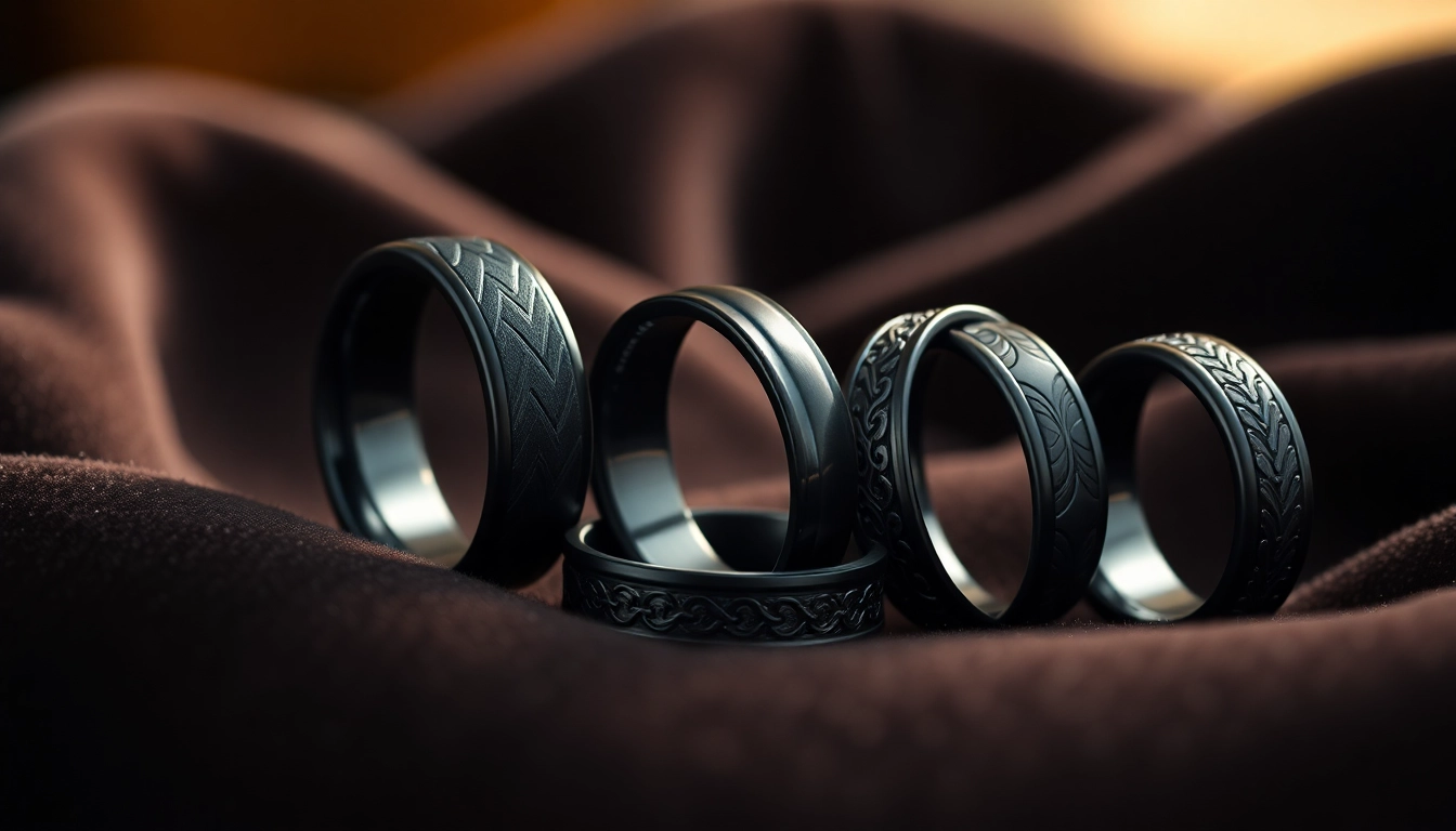 Showcasing finely crafted Black Zirconium Rings on dark velvet, highlighting their sleek finish