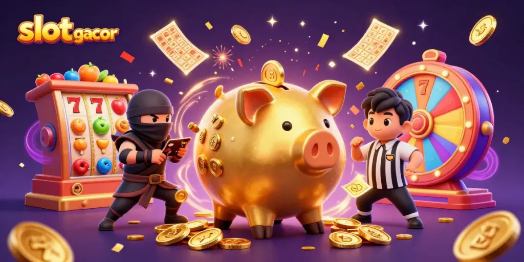 Experience the excitement of slot gacor with vibrant characters, casino elements, and a dynamic scene bursting with energy.