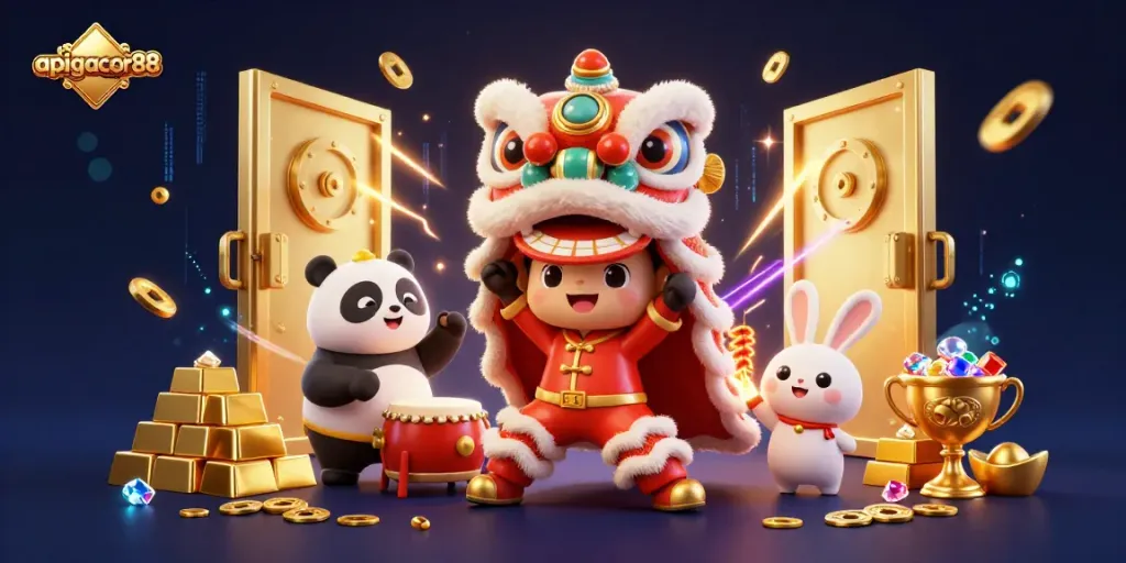 Experience thrilling gameplay with apigacor88 in a vibrant casino scene featuring joyful lion dancers and riches.