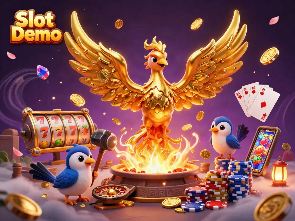 Engage with Slot Demo games in a vibrant 3D illustration featuring golden coins and thrilling casino elements.