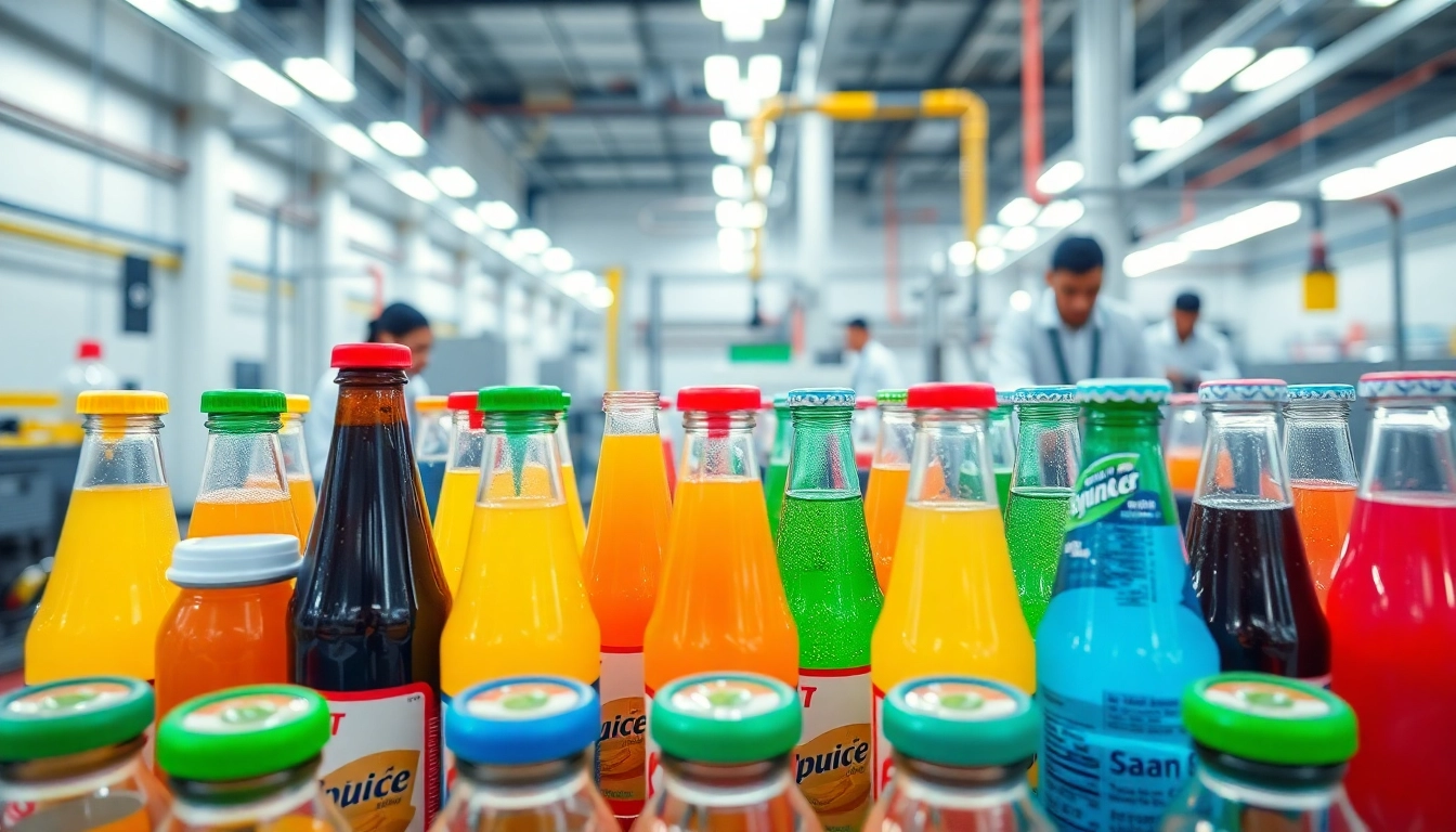 Beverage packaging company in a modern factory setting, showcasing vibrant containers and teamwork.