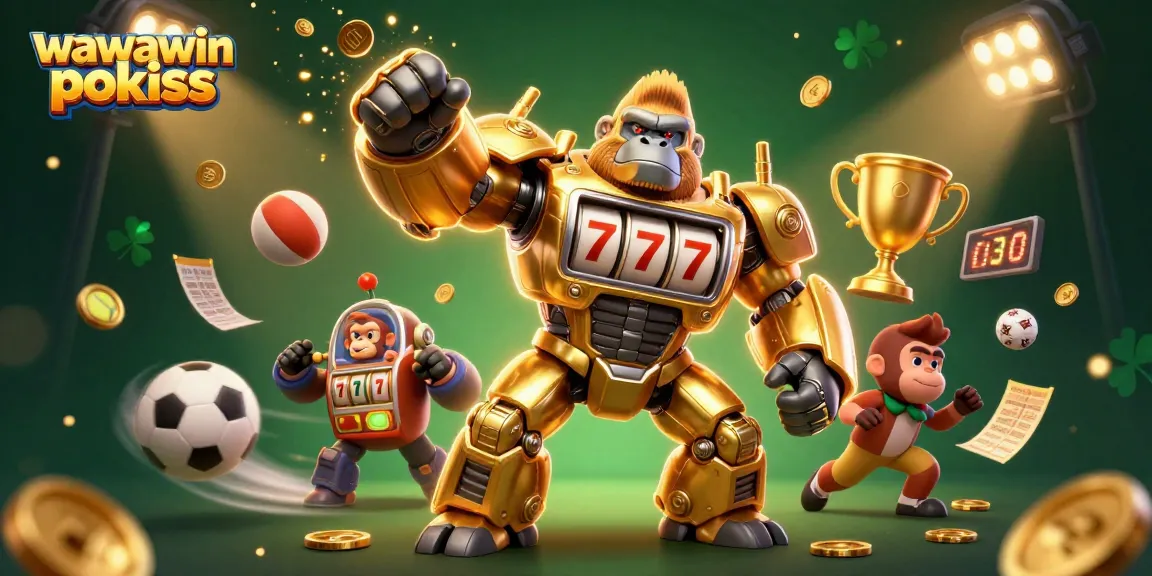 Experience thrilling wawawin pokies action with a 3D golden gorilla mech surrounded by exciting elements.