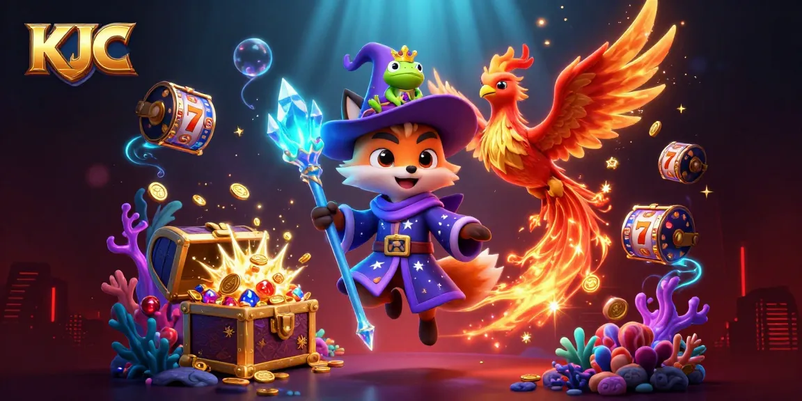 KJC offers immersive winning strategies in a vibrant casino world, featuring a wizard fox and phoenix.