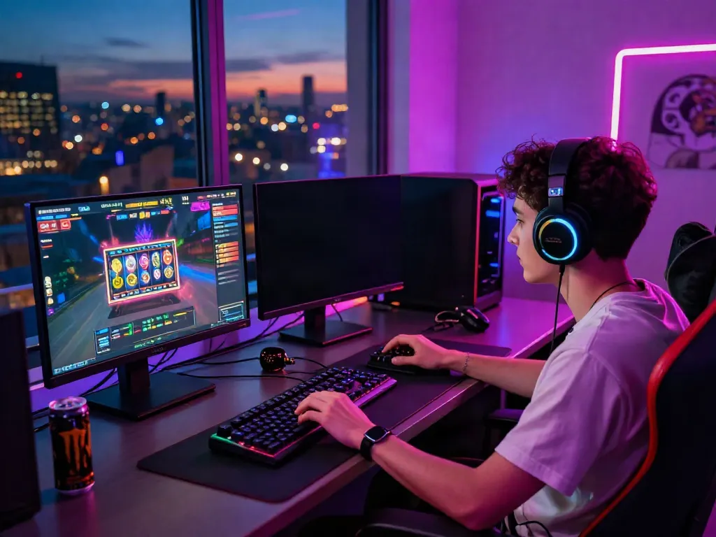 Engaged player enjoying koitoto online gaming with vibrant graphics and neon lights.