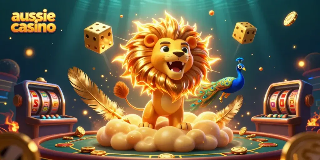 Experience the thrill of Aussie casino with vibrant characters, rolling dice, and dynamic gaming elements.