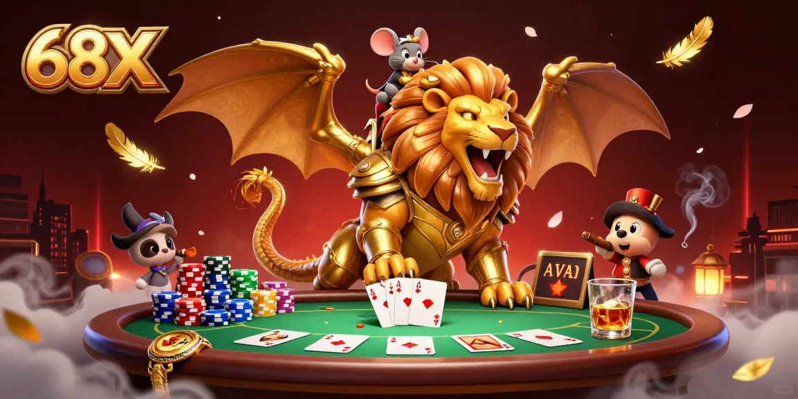 Imagem da cena mágica do cassino 68X, com criatura quimérica e mesa de poker em destaque.
