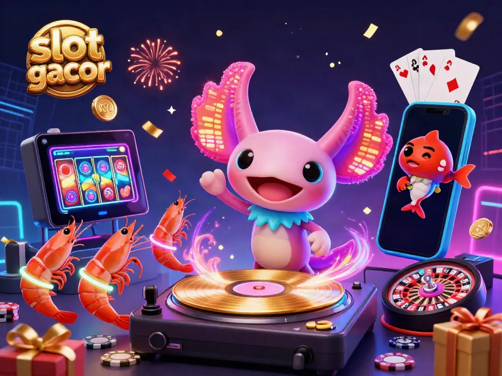 Engaging scene with a neon-colored axolotl DJ and gaming elements showcasing the excitement of slot gacor.