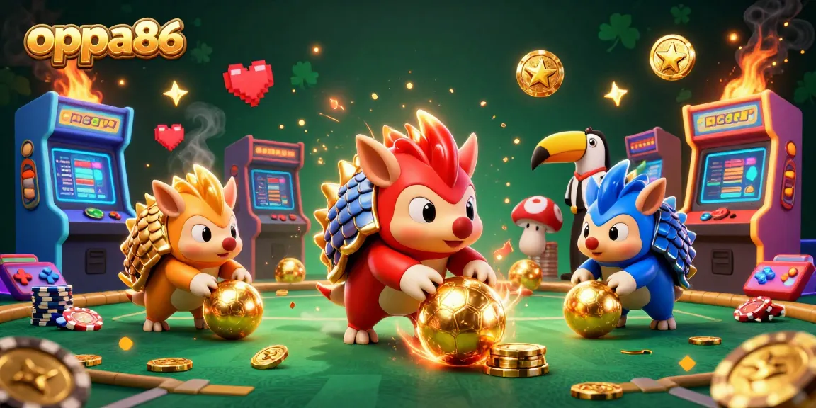 oppa86 pangolins bowling through poker chips in a vibrant casino arcade scene