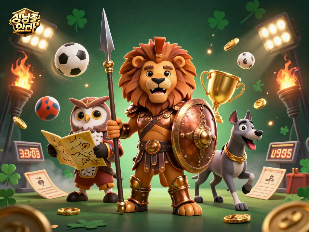 Experience thrilling gameplay with 성남출장안마, featuring a heroic lion, wise owl, and swift greyhound amid vibrant casino elements.