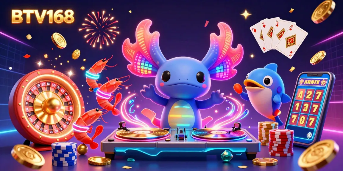 BTV168 presents a lively scene with an axolotl DJ and dancing shrimp in a vibrant underwater casino setting.