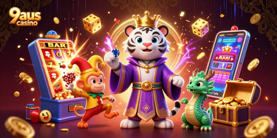 Engage with the excitement at 9aus casino featuring a vibrant scene with a tiger, monkey, and dragon amidst gaming elements.