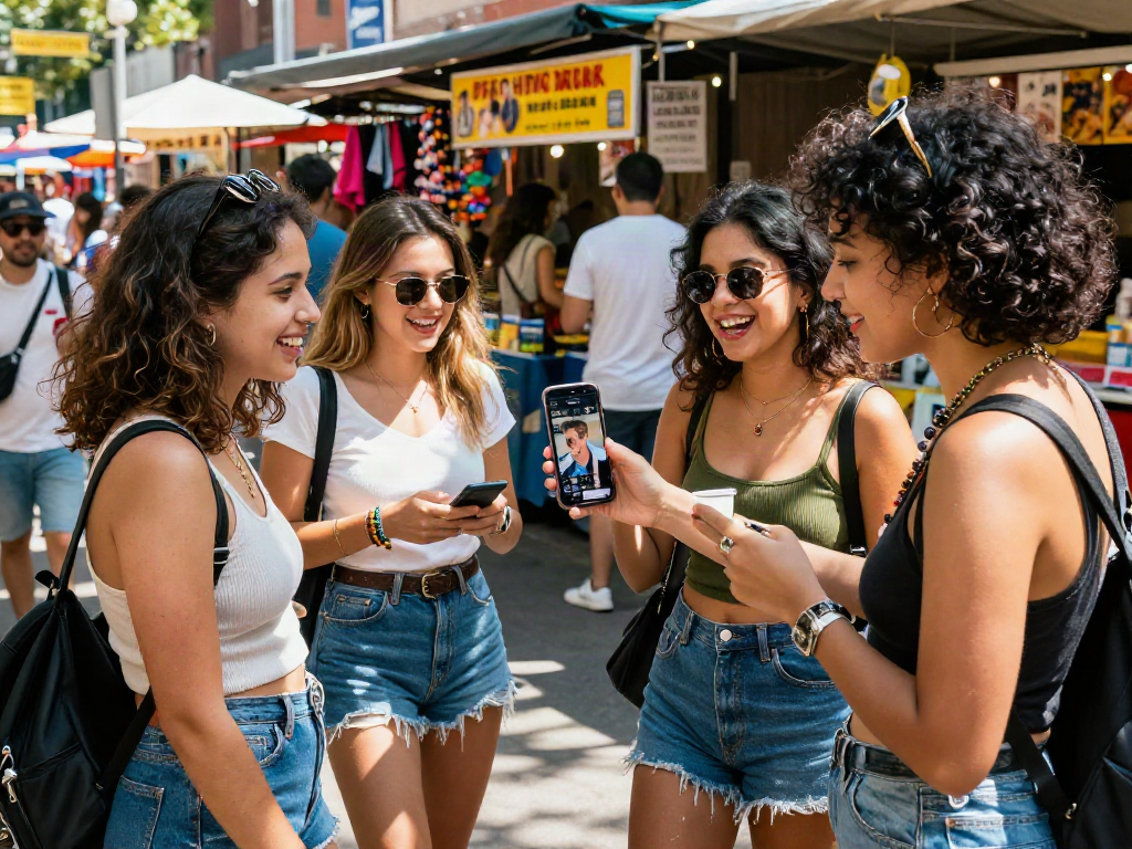 Friends discovering who looks like a celebrity using an app in a lively street market.