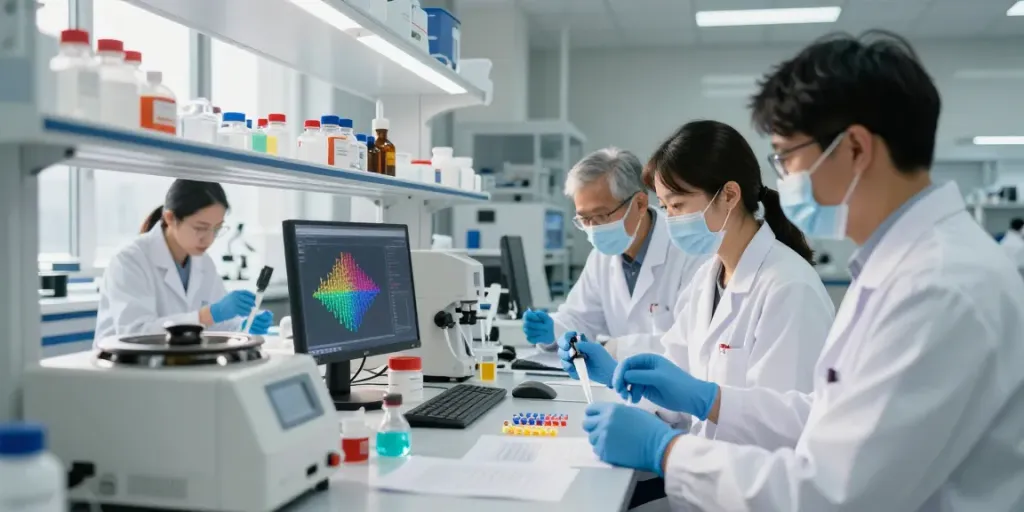 Scientists evaluating research peptides in a modern lab with equipment and natural light.