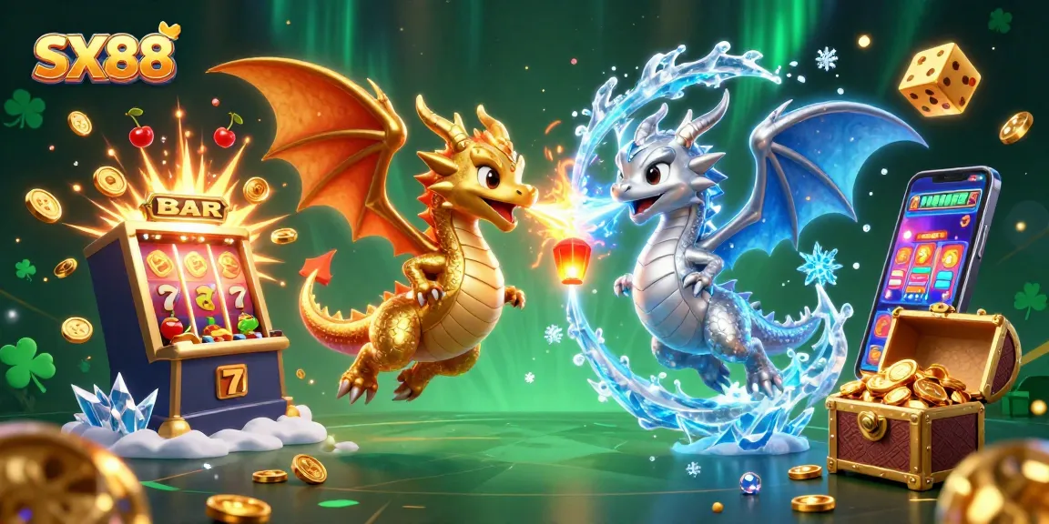 SX88's thrilling casino experience with colorful dragons amid a jackpot explosion, attracting gamers with excitement.