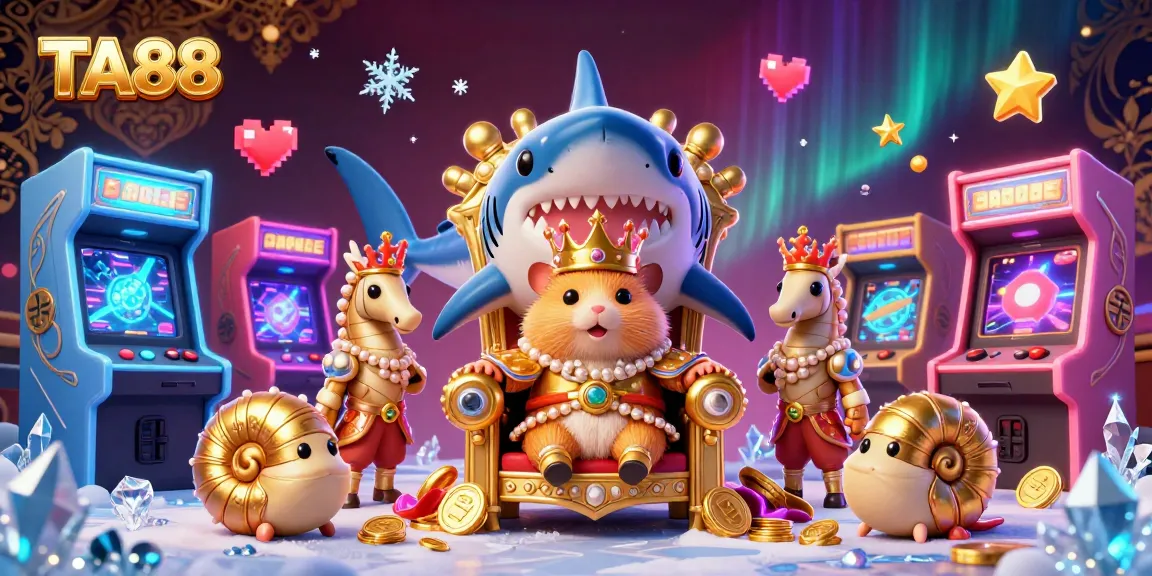 Engage with TA88's vibrant casino scene featuring a golden hamster king and arcade-themed elements.