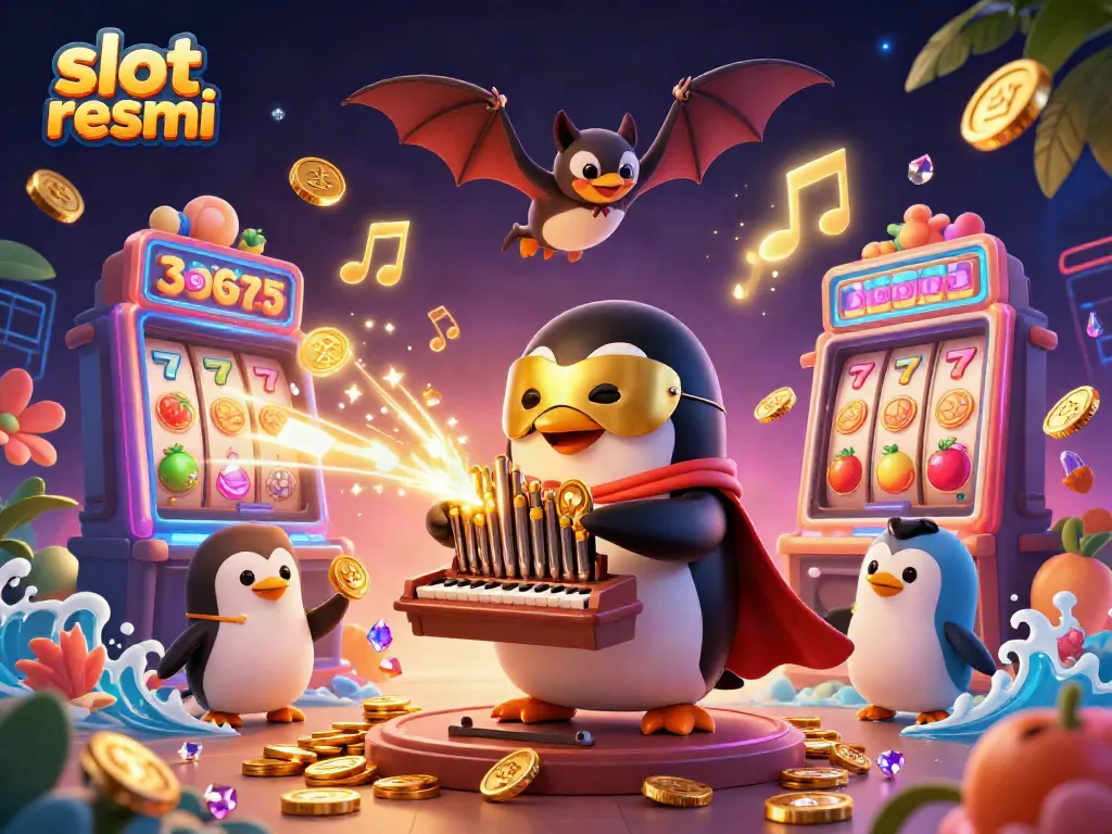 Play exciting slot resmi games with a charming opera penguin in a vibrant casino scene.