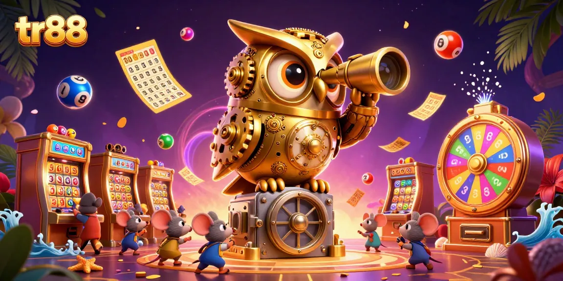 Engage in thrilling gaming at TR88 with golden owl overseeing casino fun and lottery excitement.