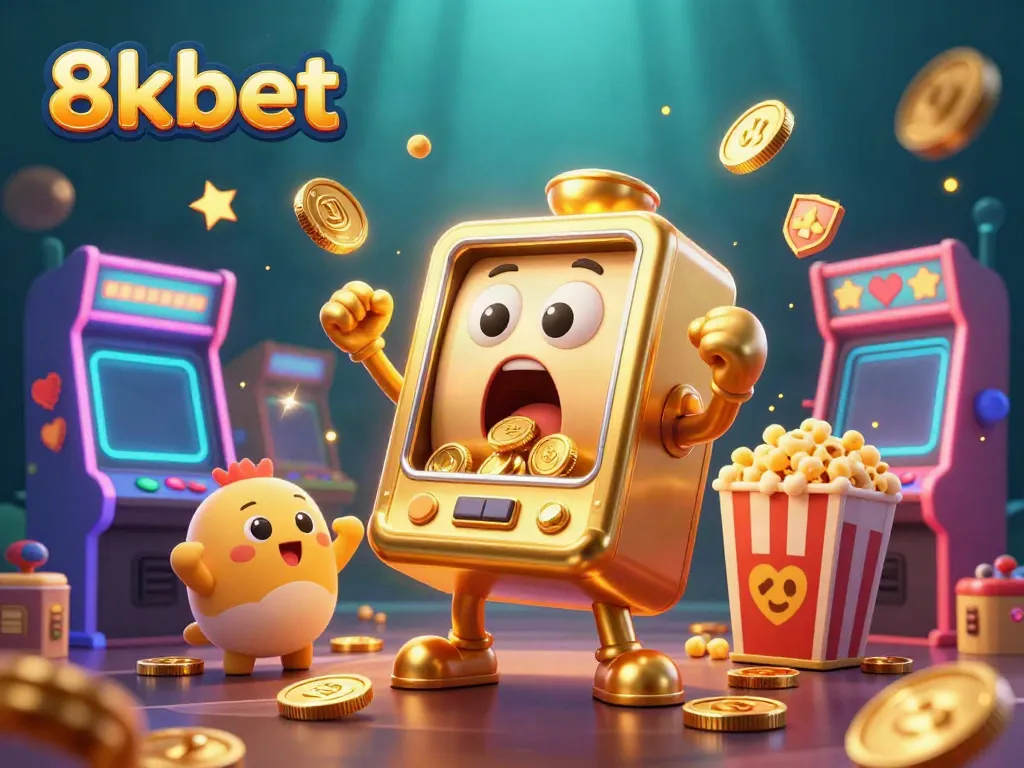 Experience the thrill of 8kbet as a cartoon slot machine hits the jackpot, surrounded by cheering companions and arcade elements.