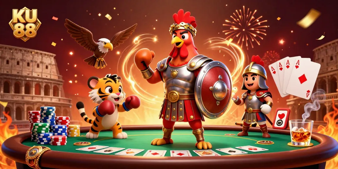 Experience the thrill of poker with KU 88's gladiator rooster and vibrant gaming elements.