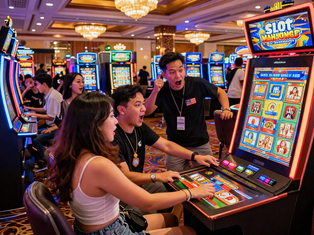 Dynamic gambling experience at Slot Gacor MAHJONGJP88 with players enjoying animated gameplay in a vibrant casino atmosphere.