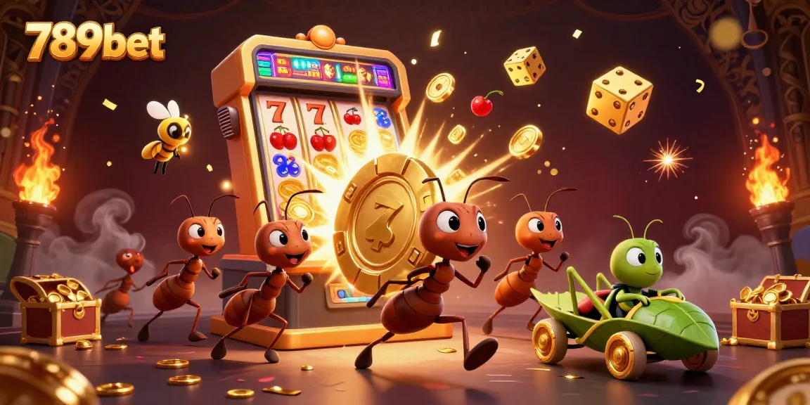 Ants heisting a massive poker chip in a vibrant 789bet casino setting, showcasing rich gaming elements.