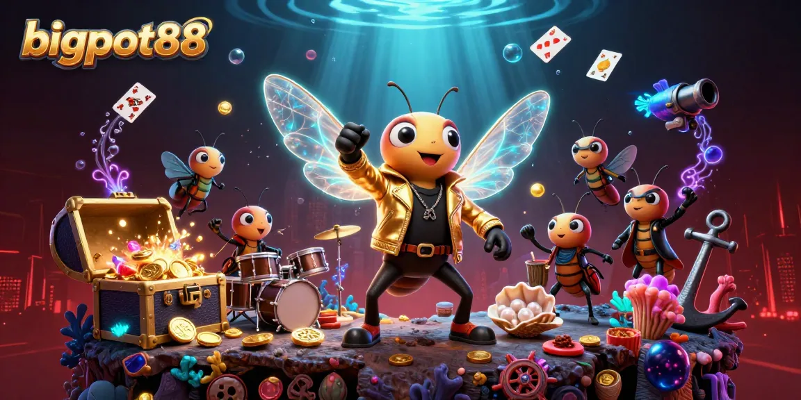 Experience bigpot88 thrills with a vibrant 3D casino scene featuring a cicada rock star and exciting game elements.