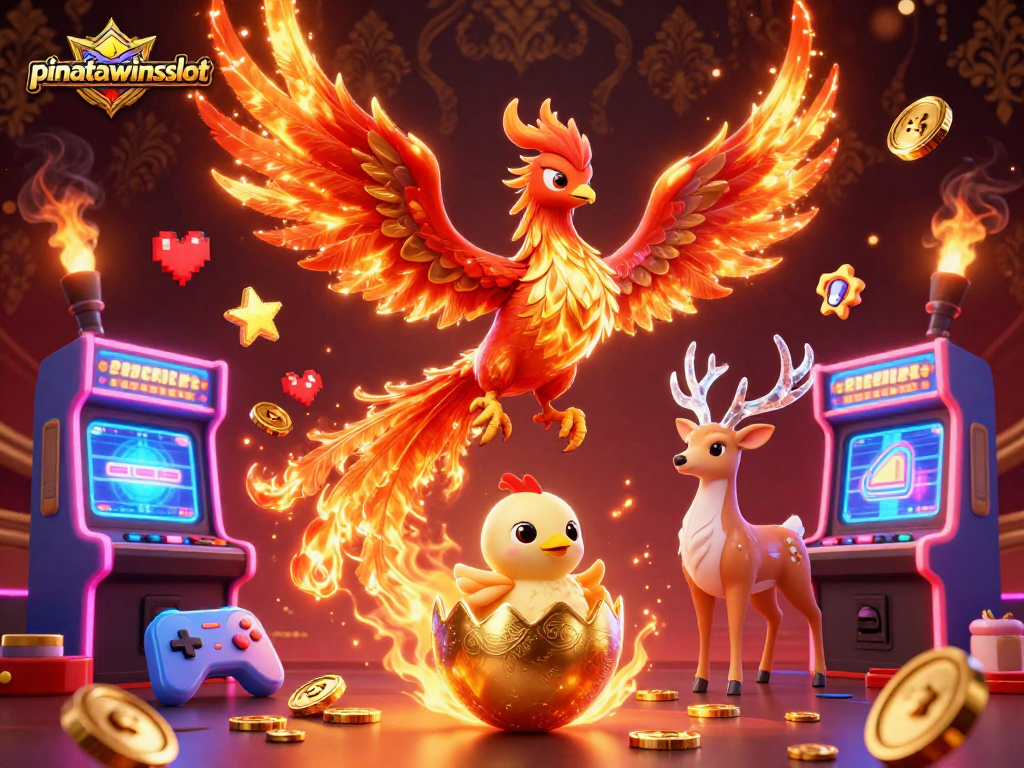 Engage with pinatawinsslot in a vibrant 3D illustration featuring dynamic characters and casino gaming elements.