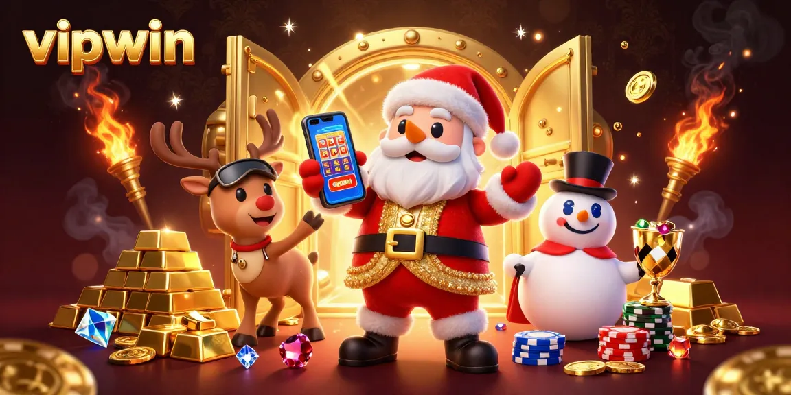 Experience the thrill of vipwin with festive characters in a vibrant casino scene packed with jackpots.