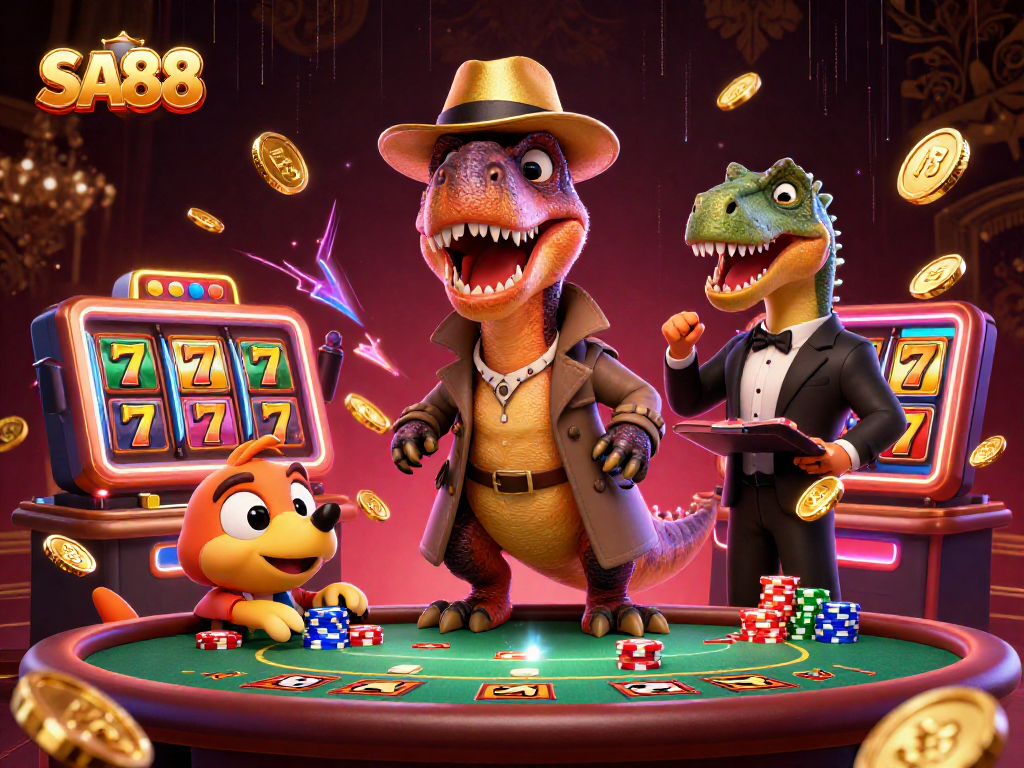 SA88 casino scene with a velociraptor card counter, a stegosaurus pit boss, and sneaky compy pickpocketing chips.