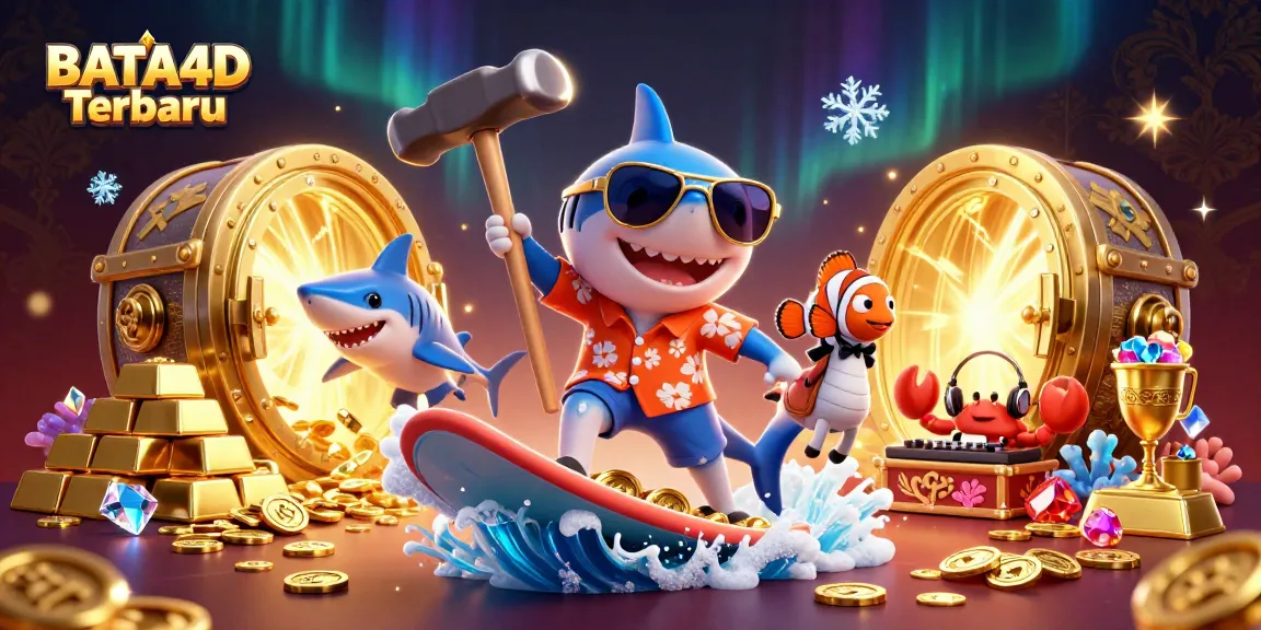 BATA4D Terbaru casino scene with a shark, clownfish, and crab enjoying riches in a vibrant underwater world.