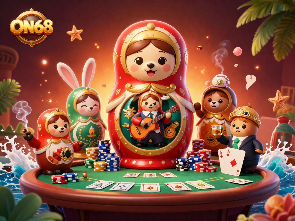 Engage in thrilling gameplay with ON68's vibrant casino scene featuring poker action and festive characters.