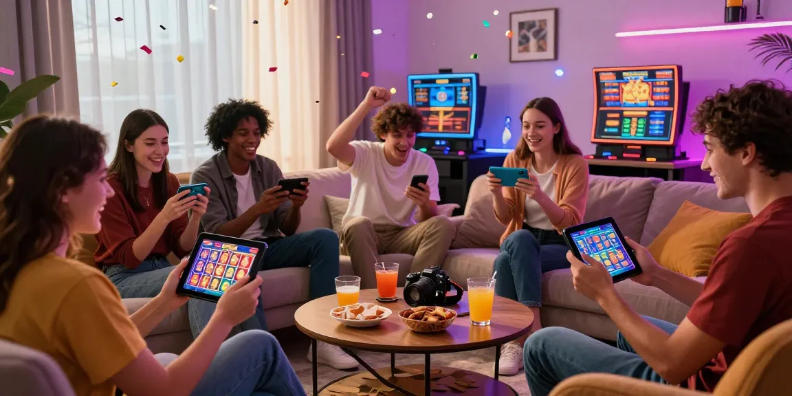 Exciting group enjoying situs gacor slots online in a cozy living room.