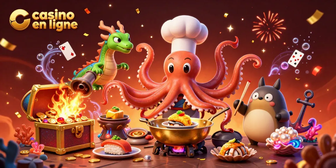 Jouer à des jeux de casino en ligne avec un chef sushi et un dragon, rempli de pièces d'or éclatantes.