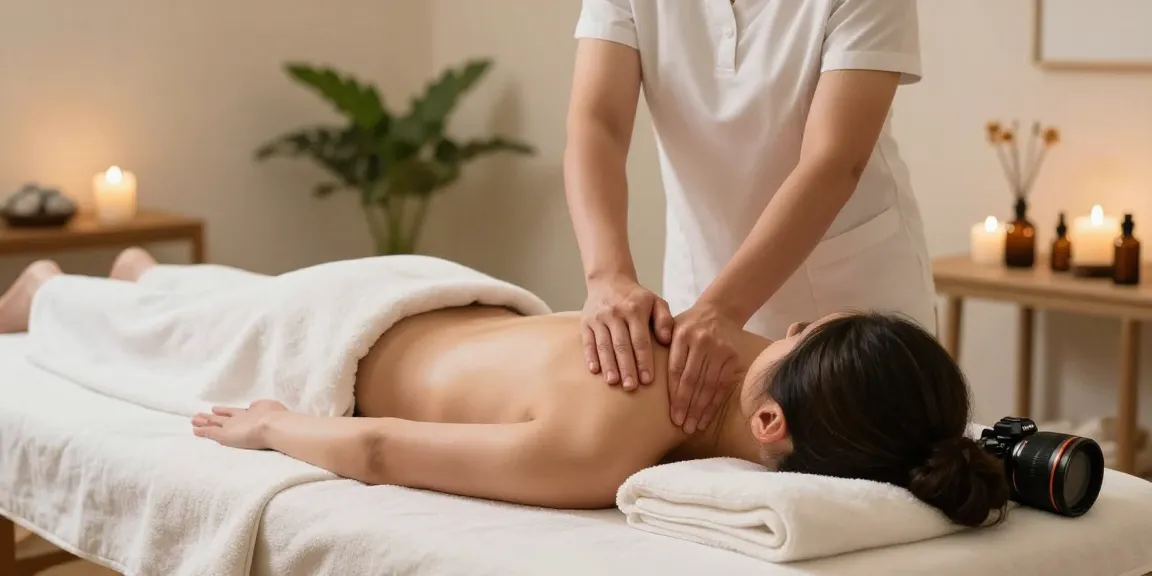 스웨디시 마사지 중인 전문가와 편안한 마사지 테이블, 아로마 오일과 타올이 있는 안정된 분위기